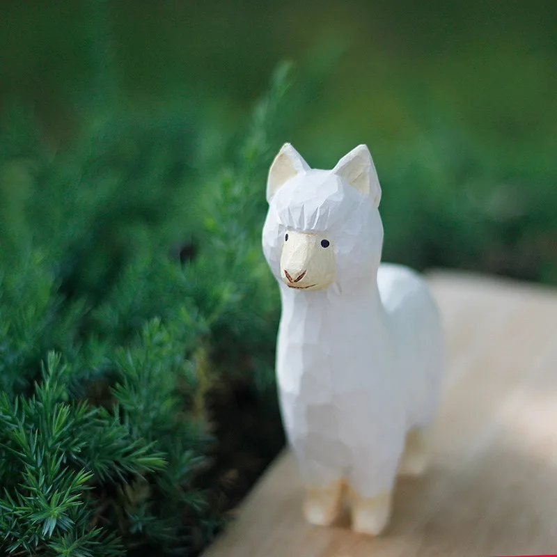 Cute Alpaca Handmade Natural Wood Carving Ornament DIY Patio Landscape Decor Wood Animal Sculpture Artistic Home Decoration Gift