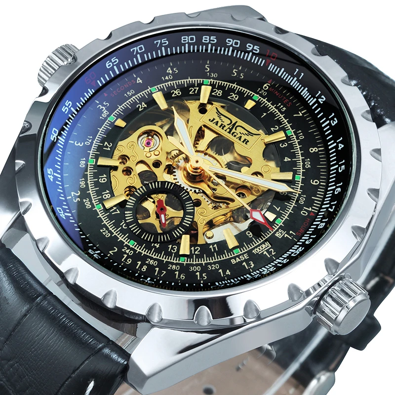 ساعة JARAGAR الرياضية الميكانيكية للرجال مضيئة الأيدي الجلدية الصلب حزام رجال الأعمال ساعات المعصم الفاخرة العلامة التجارية الأعلى