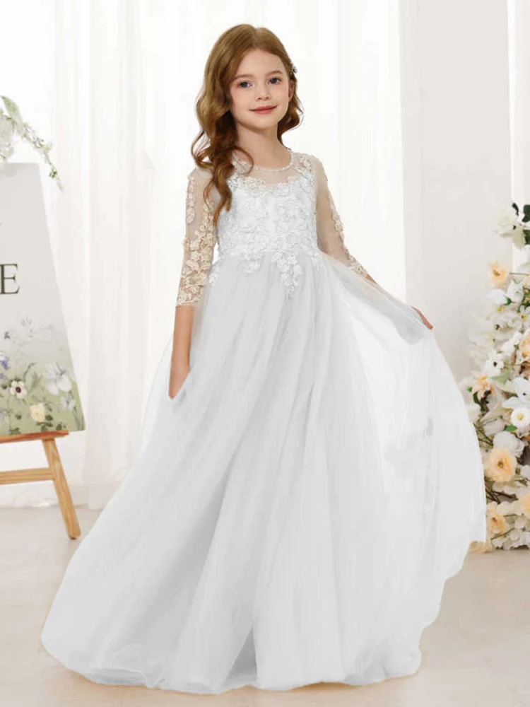 Lace Floral Appliques Flower Girl Dress 3/4 Sleeve Girls Pageant Tulle Ball Gown