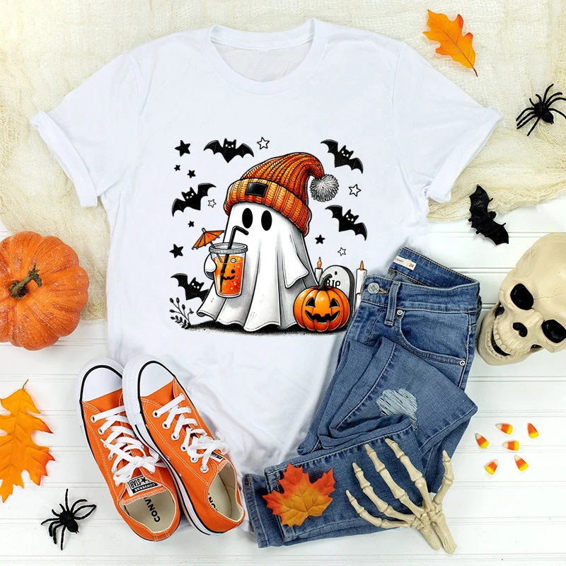 Halloween Ghost Pumpkin Bat Print Summer Casual T-shirts For Women O Neck Short-sleeved T-shirts Halloween T-shirt