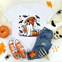 Halloween Ghost Pumpkin Bat Print Summer Casual T-shirts For Women O Neck Short-sleeved T-shirts Halloween T-shirt