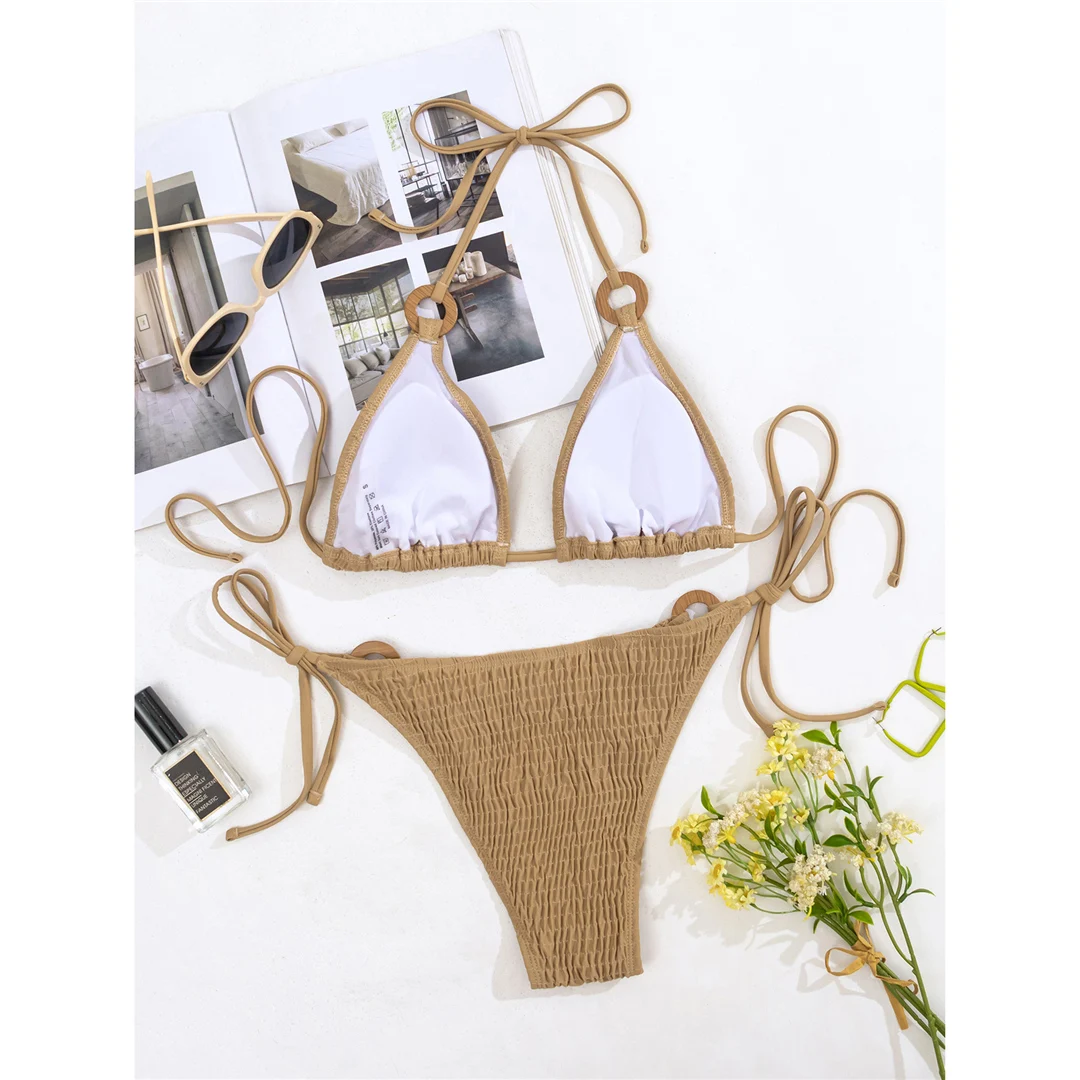 Gefälteltes, gerafftes Neckholder-Bikini-Set für Damen, zweiteiliger Badeanzug, Badebekleidung mit hohem Beinausschnitt, Badeanzug, Schwimmbekleidung V5728 – Detail 12