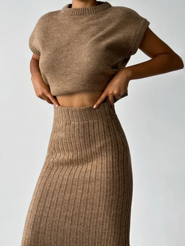 Tossy Knit Sweater 2 Piece-Set Women Loose Ribbed Sleeveless Pullover And High Waist Long Skirt Outfits Knitwear Women's Sets