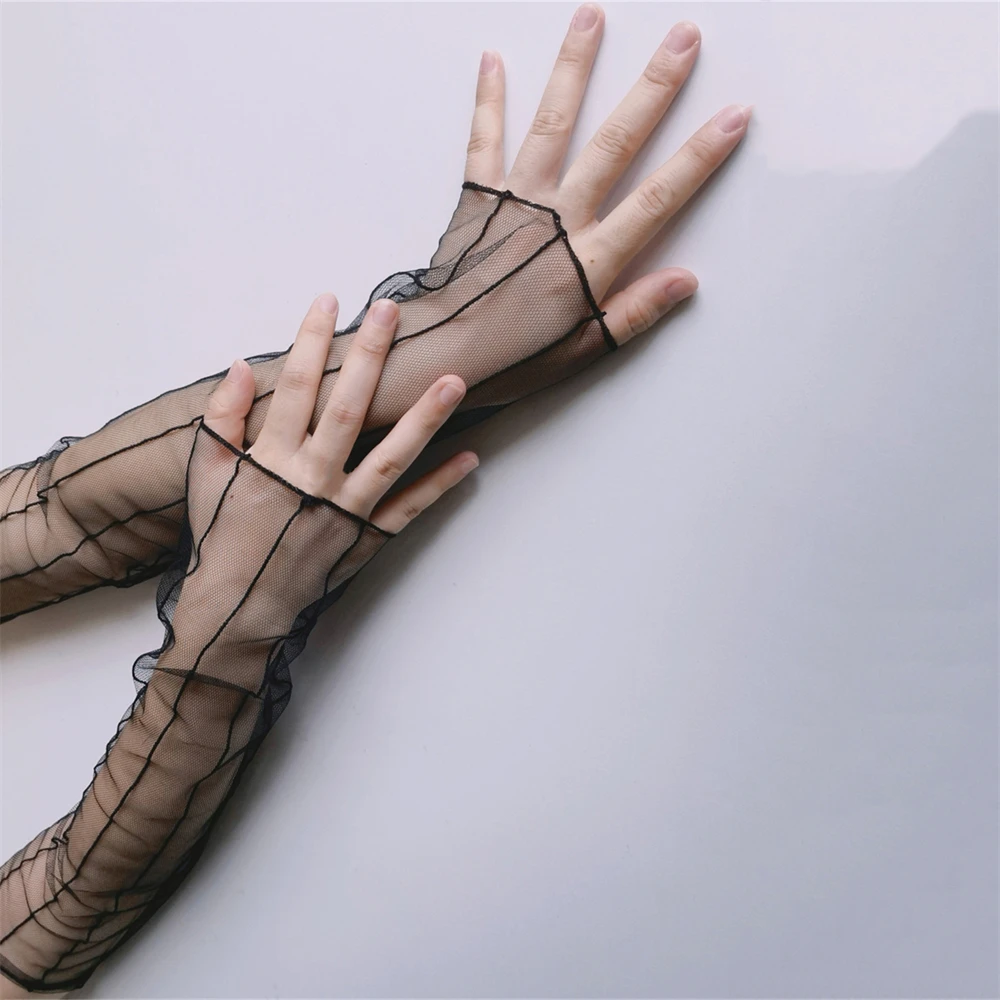 ถุงมือผู้หญิงแบบยืดหยุ่น 1 คู่ สำหรับขับรถ แบบยาว ไม่มีนิ้ว ลายตาข่าย ป้องกันแสงแดดในฤดูร้อน ถุงมือลูกไม้