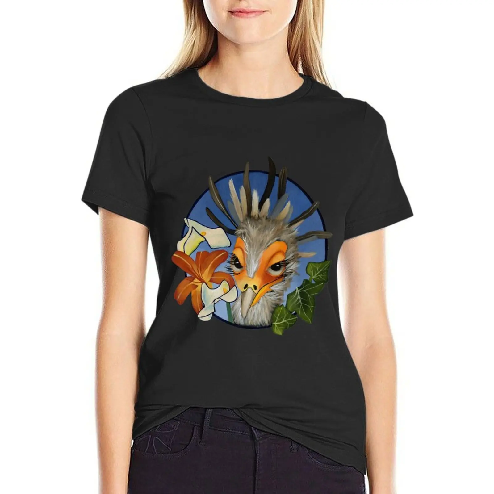 

Secretary bird, tiger lily, calla lilies and leaves T-shirt cute clothes animal print shirt for girls Women's tops