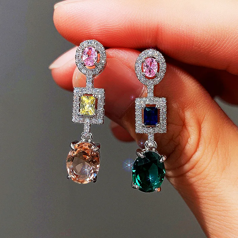Fashion Luxury Colorful Earrings for Women Bright Pink/Yellow/Blue/Green/White CZ Aesthetic Wedding Jewelry Delicate Gift