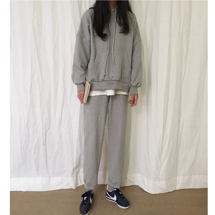 Korean Style Winter Woman Clothes Set Long Loose Fleece Hoodies Elastic Waist Long Trousers Twinset Female Thick Warm Pants Suit