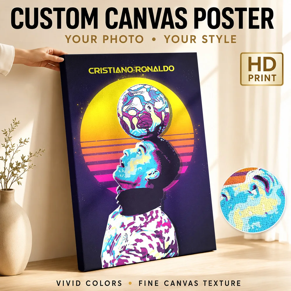 Cristiano Ronaldo Balancing Football Canvas Poster Customized Photo Retro Synthwave Wall Art For Sports Bar, Soccer Fan Gift