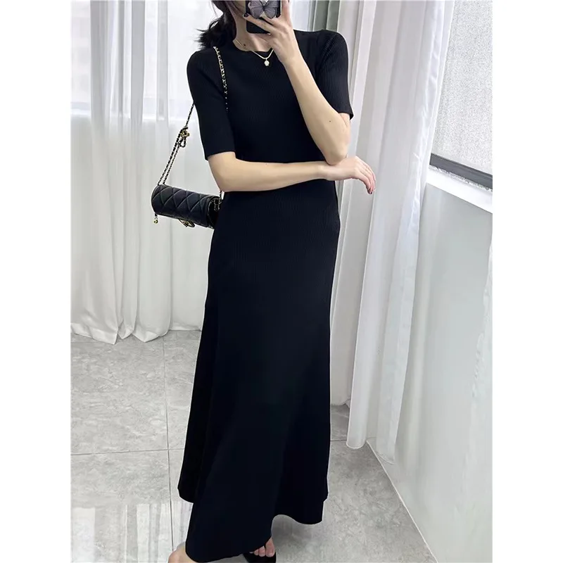

Hollow out long skirt,Clothes for women, slim fit knit dress, double-sided metal decoration, French elegant short sleeves