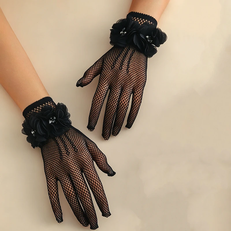 Women High Elasticity Fishnet Flower Hollow Gloves Wedding Bride Etiquette Opera Breathable Thin Cosplay Sweety Princess Elegant