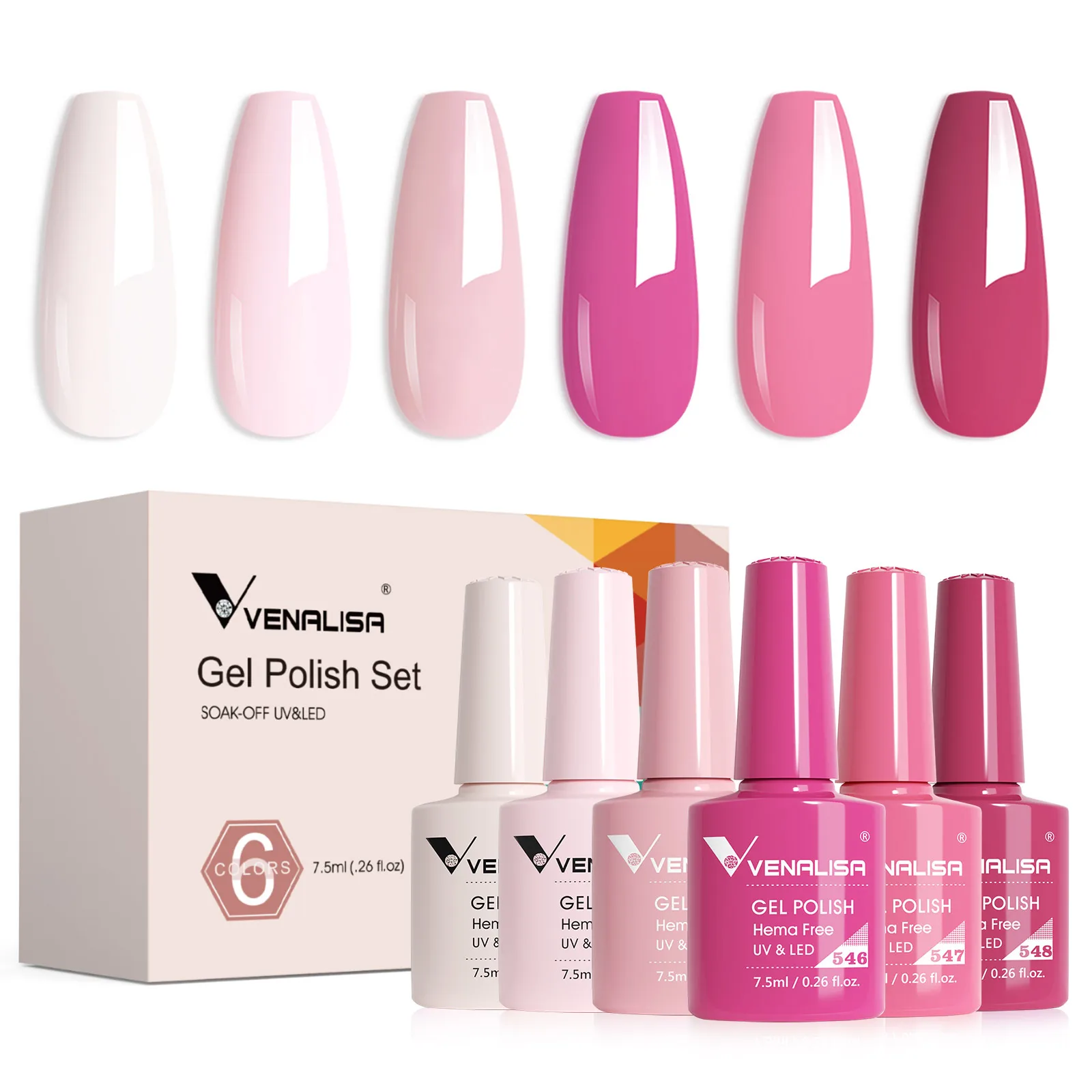 6pcs/kit VENALISA Valentine's Day Collection Lovely Pink Nails HEMA FREE TPO FREE Soak Off UV LED Semi Permanent Set Gel Varnish