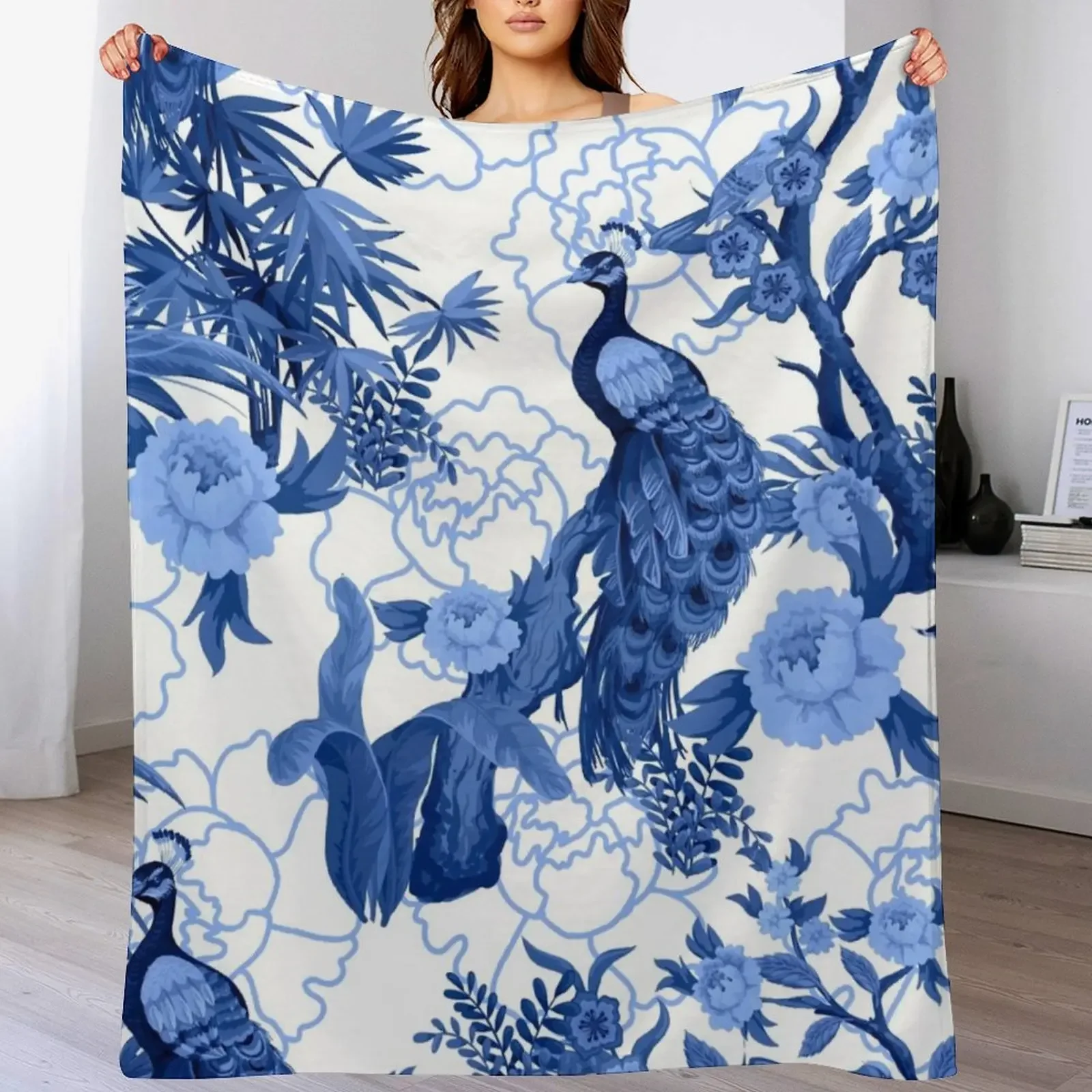 

Delft Blue Chinoiserie Fengshui Oriental Garden with Peacocks Throw Blanket Thermal Luxury Brand halloween Hairys Blankets