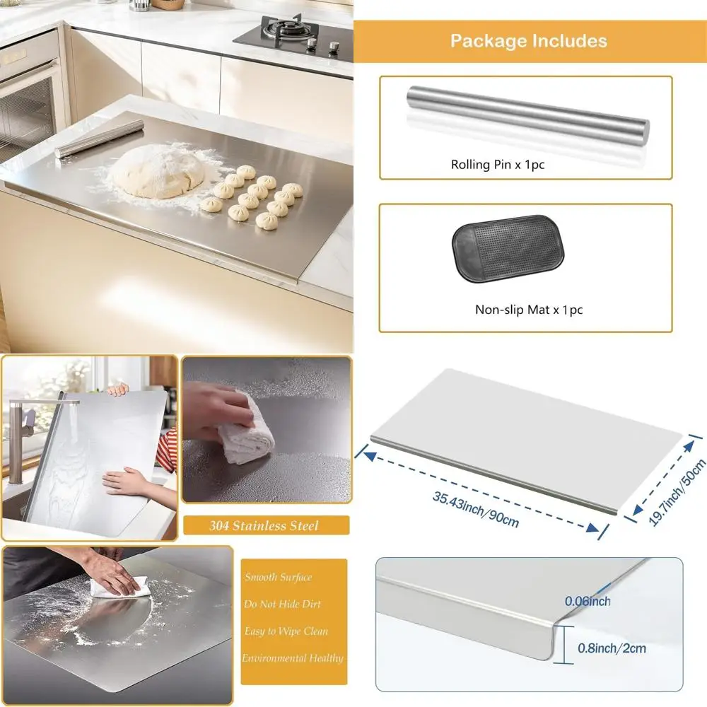 

Большая разделочная доска из нержавеющей стали 35,4x197, с катящимся штифтом и металлической доской для лапши — прочная кухонная разделочная поверхность