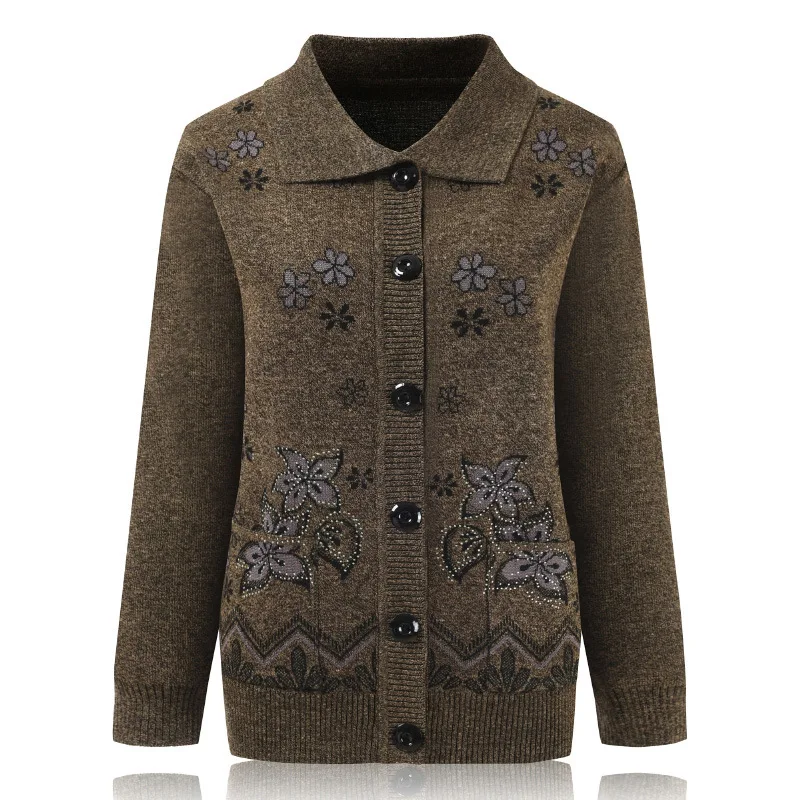 Print Mother Sweater Cardigan Top 60-80 Years Old Middle-Aged Elderly Women\'s Woolen Jacket Spring Autumn Knitted Shirt