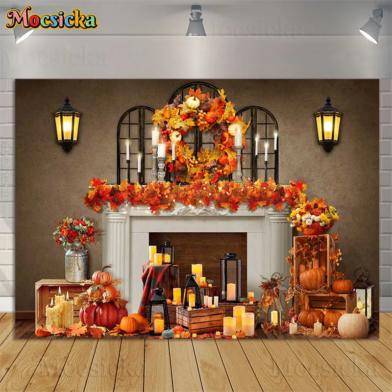 

Fall Photography Backgdrops Autumn Pumpkin Maple Leaf Fireplace Family Portrait Shoot Party Decor Banner Background Photo Studio