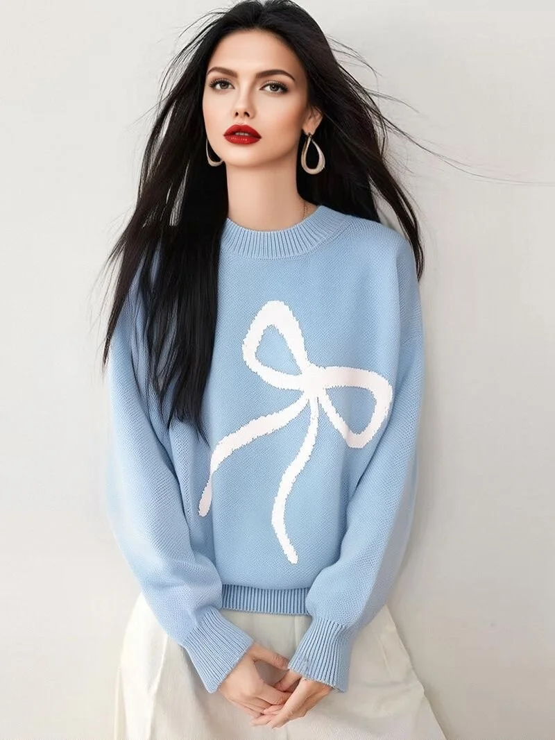 

White Patchwork Bow Warm Winter Sweater Woman Korean Style Casual Thick Loose Long Sleeve Pullover Top Clothes