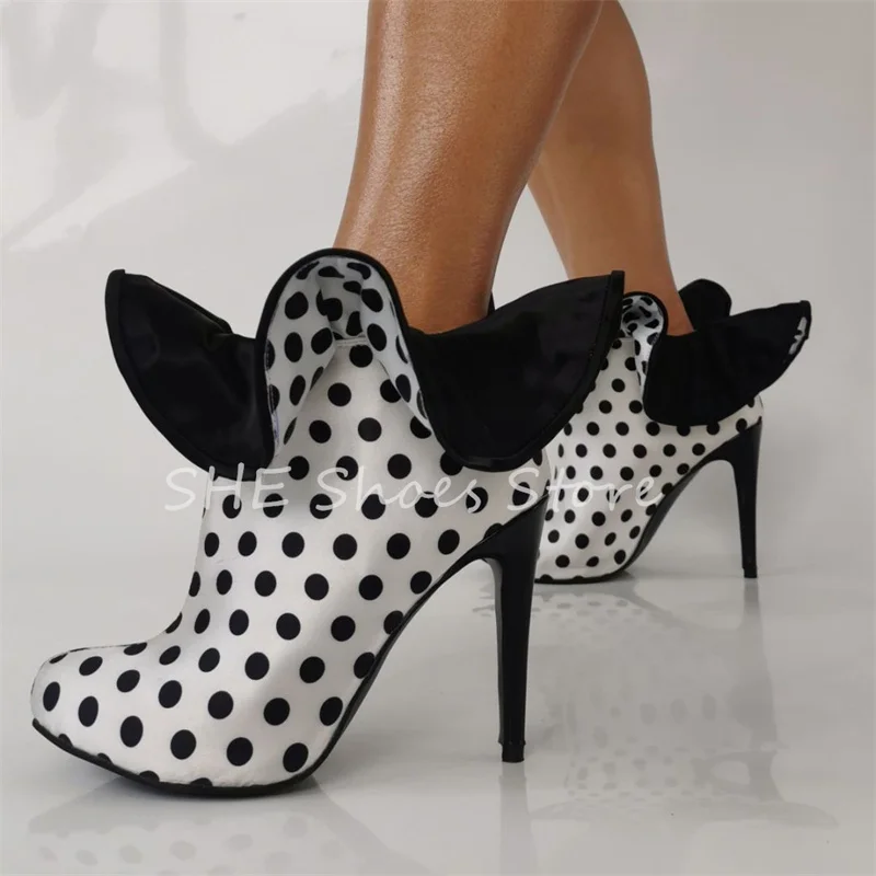 

Fashion Polka Dot Ruffles Decor Women Boots Pointed Toe Stiletto Hight Heels Leather Shoes Ladies Catwalk Party Dress Boots