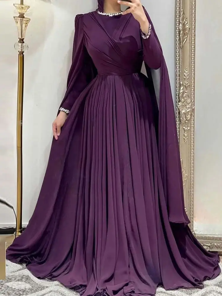 Eightale Arabische avondjurk O-hals op maat gemaakte moslim chiffon kralen plooien paarse lange mouwen prom bruiloft feestjurk - afbeelding 2