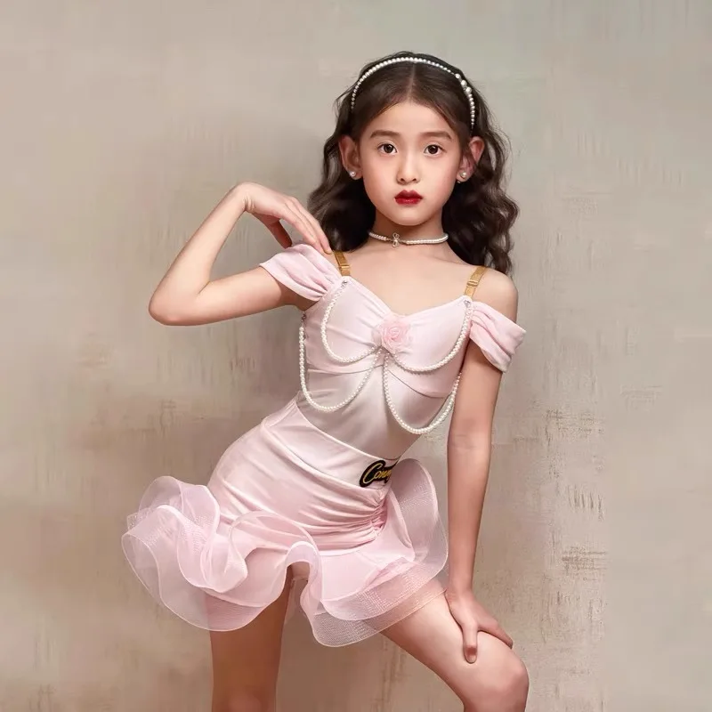

Customized Children's Latin Dance Cute Pong Set Pink Sleeveless Strap Practice Clothes for Girls Ballroom Dress Standard