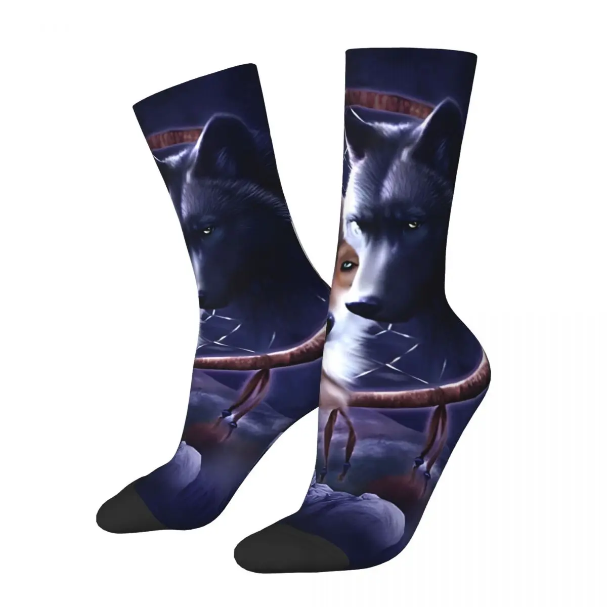 Funny Happy Men's compression Socks Wolves Dreamcatcher Retro Harajuku Space Galaxy Wolf Hip Hop Novelty Casual Crew Crazy Sock