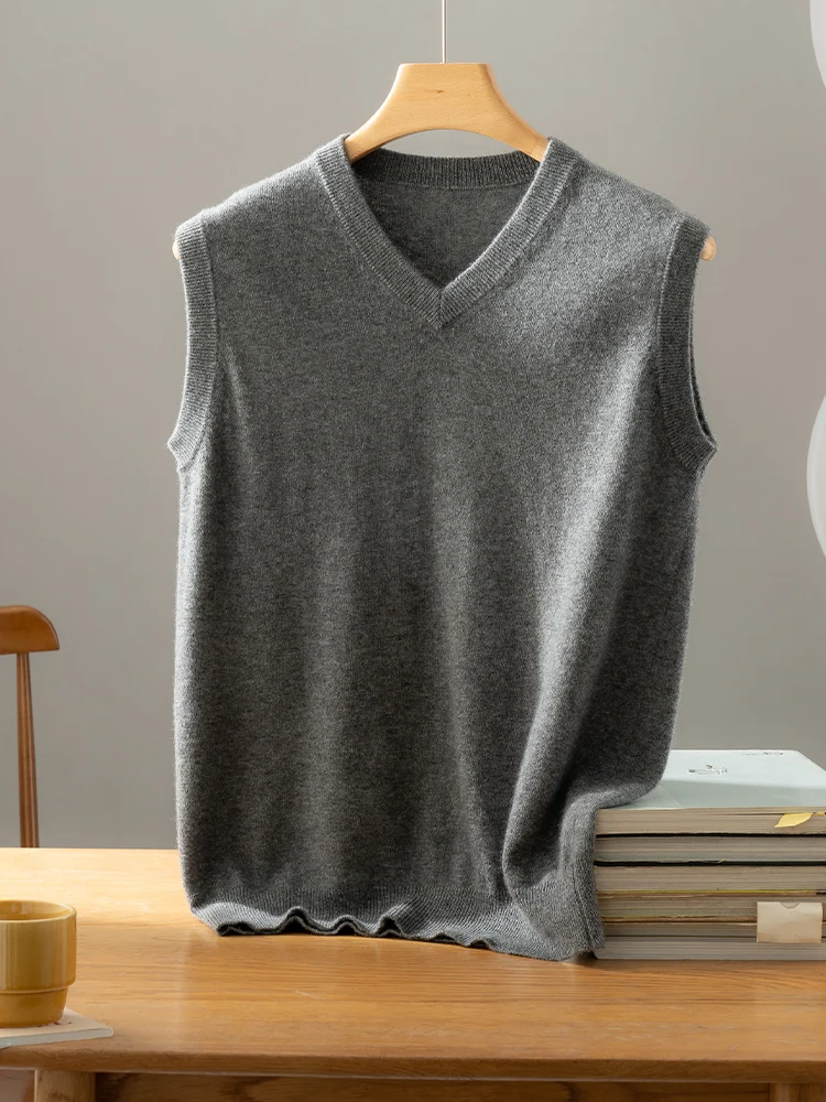 New 100% Cashmere Sweater Men V-neck Waistcoat Basic Pullover Autumn Winter Soft Comfy Bottom Cashmere Knitwear High Quality Top