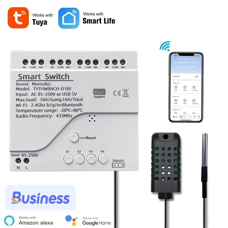 Tuya WiFi 250V 4 Channel Temperature Humidity Smart Switch,Smart Life APP, Passive Dry Contact Module Alexa Alice Compatible