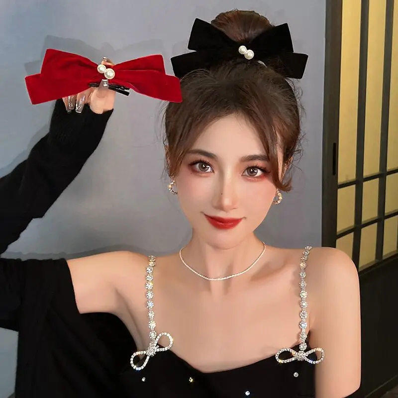 

Retro pearl three-dimensional black velvet bow hairpin French lady photo style sweet spring clip fashionable cute headdress