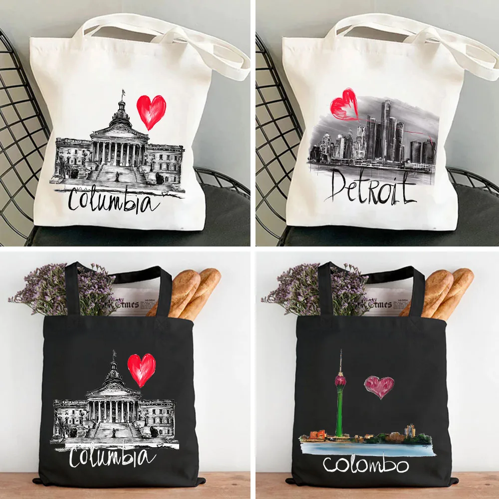 

Budapest Buenos Aires Bujumbura Chisinau Cleveland Ink Painting Women Canvas Shopper Handbags Totes Shoulder Eco Shopping Bags