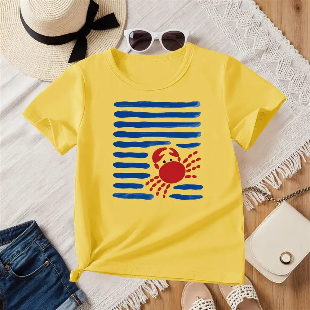 Summer Casual Women's Tee Blue Striped Crab Graphic Short Sleeve Y2k Top Easy Print Design Affordable Fashion Cheap Clothes