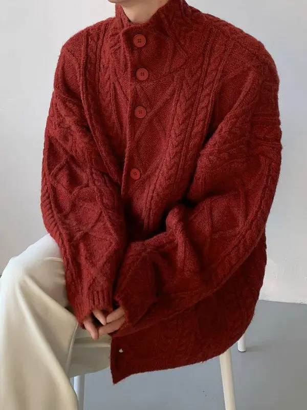 

Red Button-Up f-High Collar Knitwear Cardigan Men's Autumn Winter Lazy High-End Emed Flower Pattern Knitted Outerwear