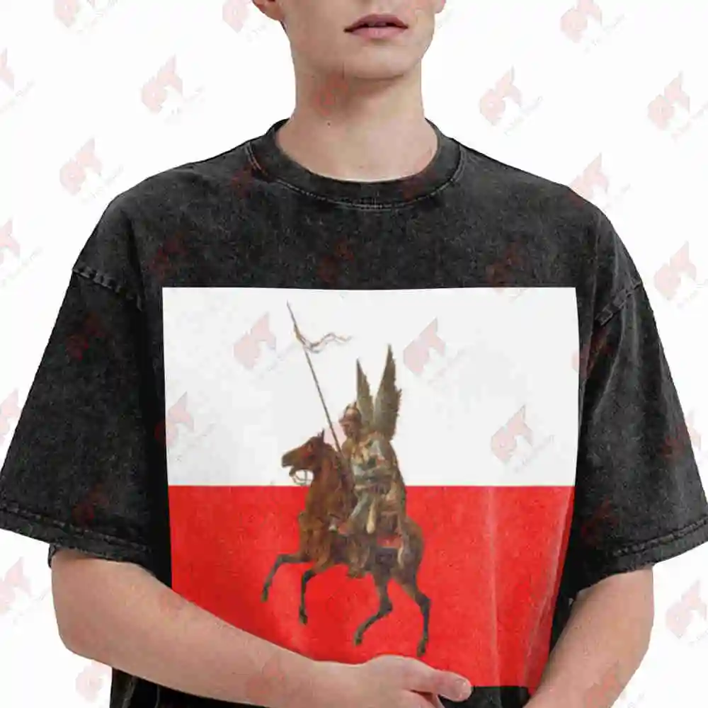 Winged Hussars Polish Flag Vintage Washed Tee Pure Cotton T-Shirt