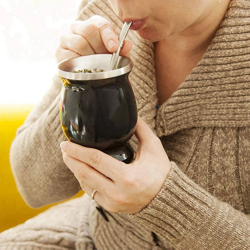 2X Yerba Mate Gourd Set Double-Wall Stainless Steel Mate Tea Cup And Bombilla 8 Ounces Bombillas Yerba Mate Straw Black