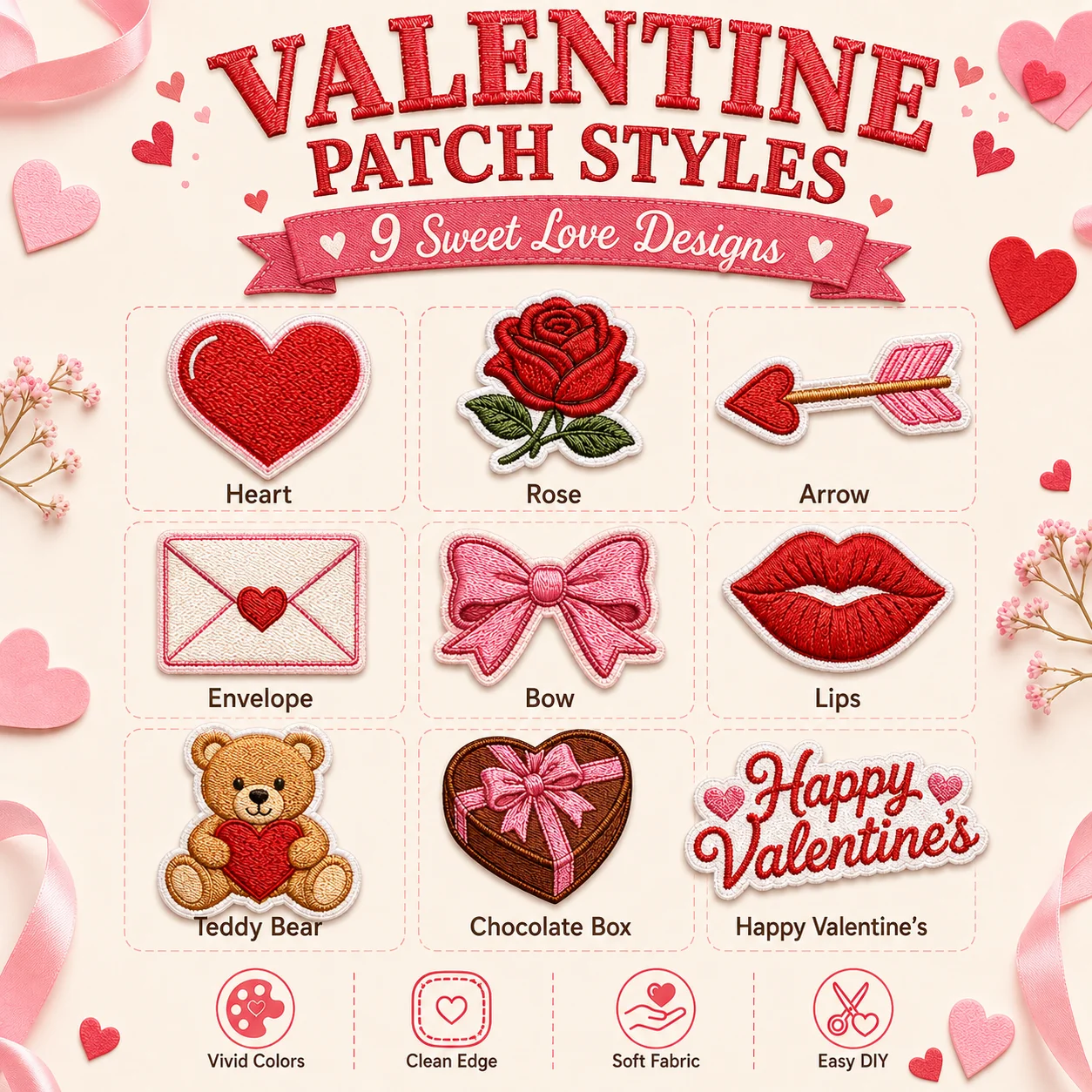 Valentine Embroidery Patches Custom Heart Rose Love Letter Bow Lips Iron On Sew On for Clothing Bags Hats Romantic Gifts DIY