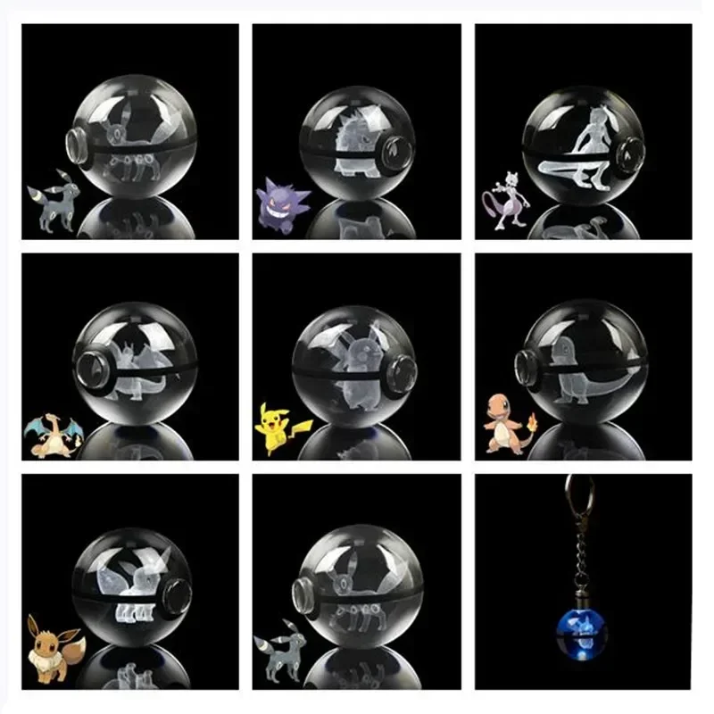 Porte-clés boule de cristal Pokemon pour enfants, Pikachu sculpté en 3D, boule plonger oyante, SLaura, Salamèche, pendentif Mew, jouet pour enfants, cadeau d'anniversaire