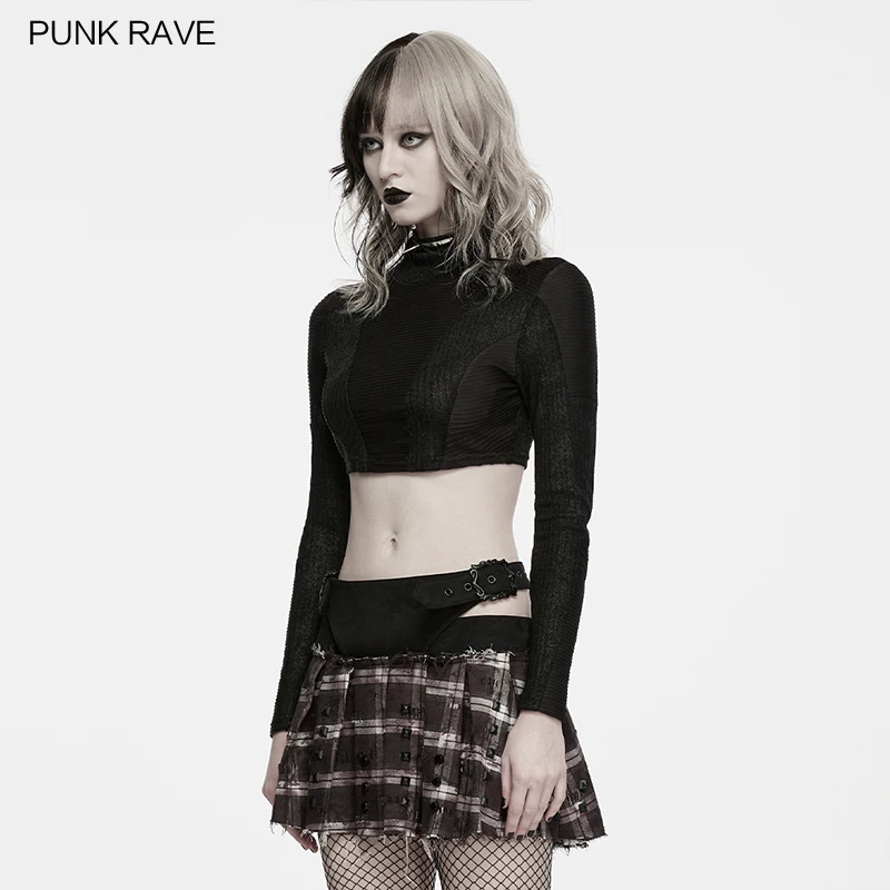 PUNK RAVE Women's Wasteland Ribbed & Cracked Stripe High-neck Cropped T-Shirt Cool Layered V-shaped Splicing Structure Club Top