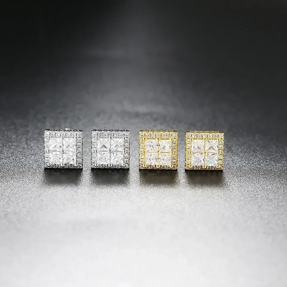 1 Pair Hiphop Rock Stud Earrings for Men Classic Silver Color Jewelry Crystal Iced Out Piercing Cartilage Ear Accessories Gift