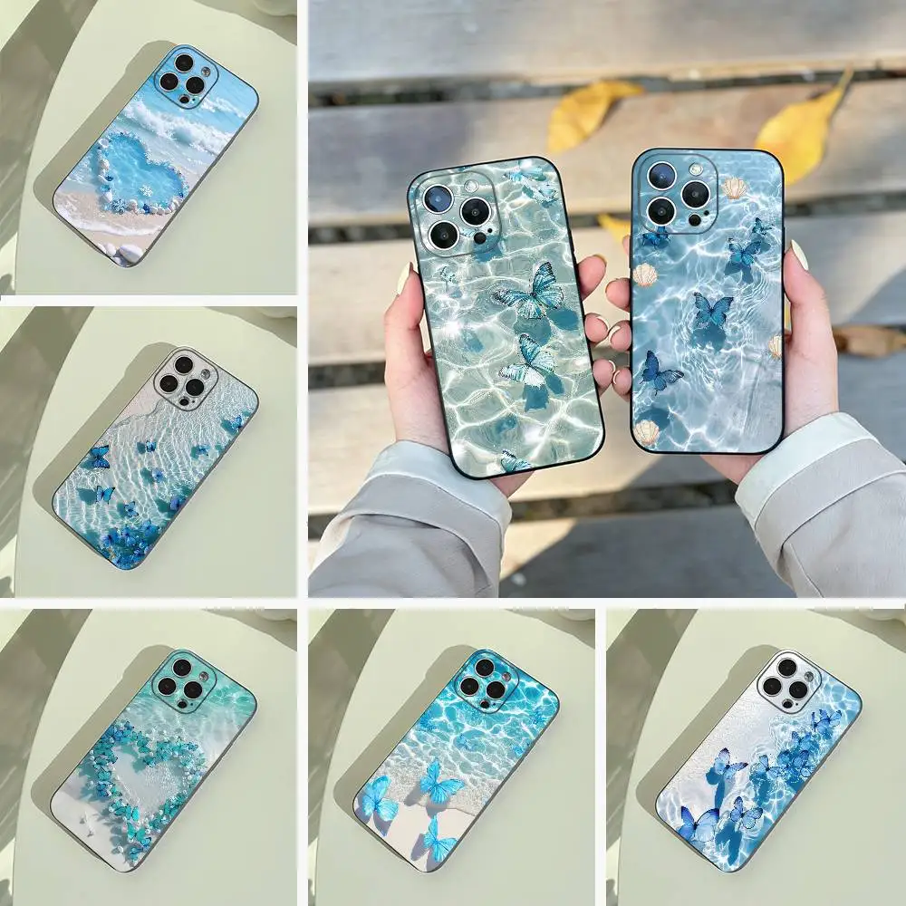 

Blue Butterfly Ocean wave Phone Case For iPhone 17,16,15,14,13,12,11 Pro Max,16/15/14Plus,XS Soft Black Cover