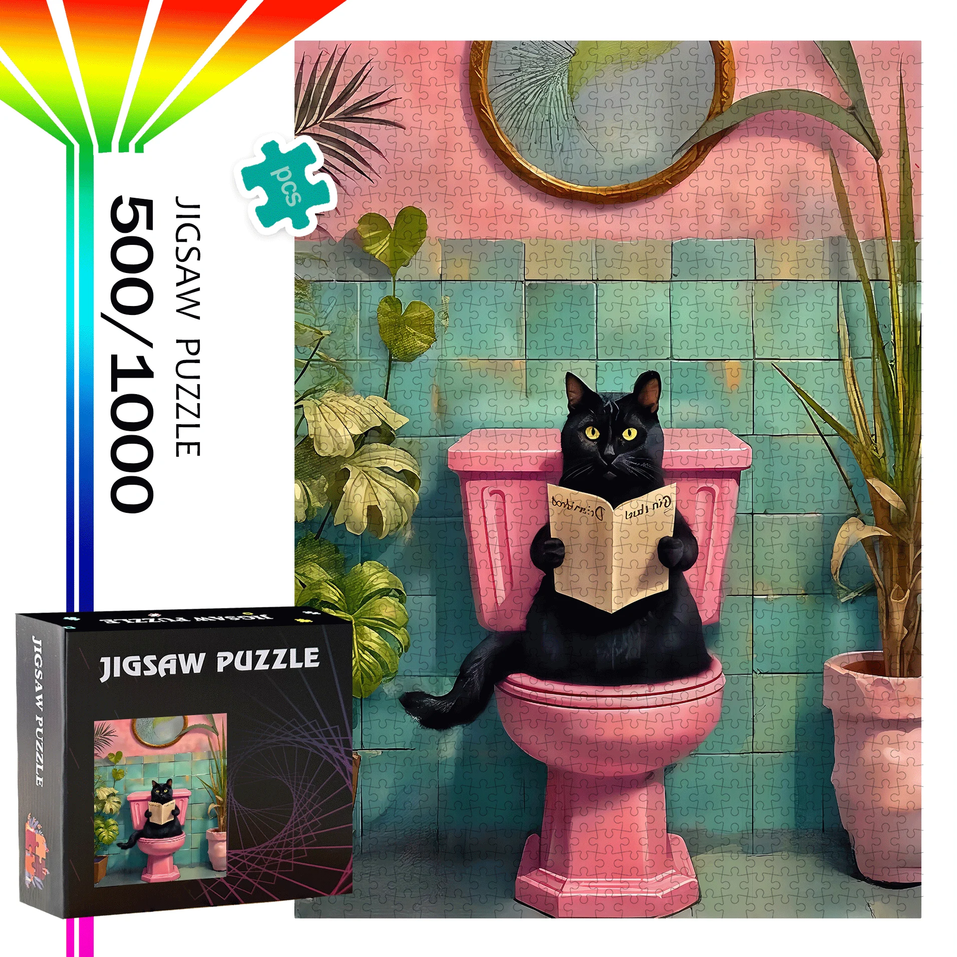 Black Cat, Toilet Puzzle 500pcs/1000pcs Large Puzzle Game Gift Family Interactive Game Puzzle DIY Home Decoration Brain Challe