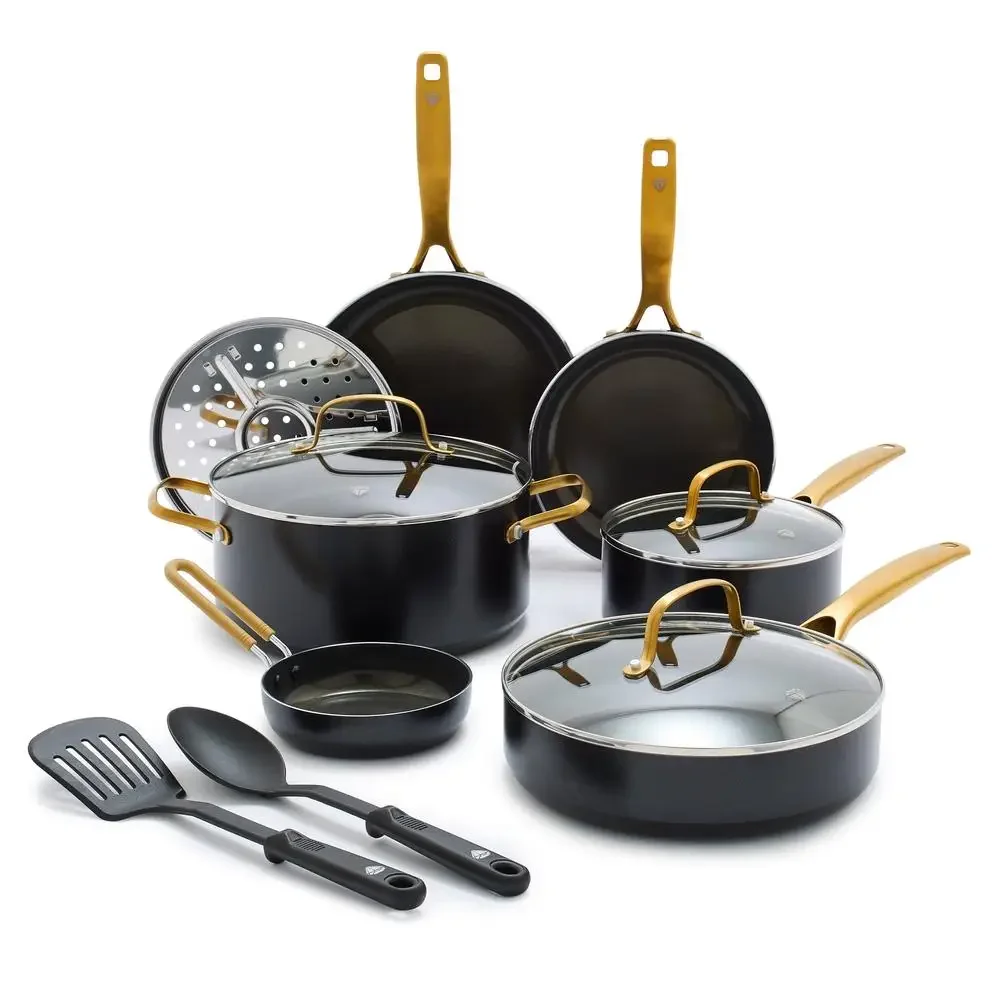 PFAS-Free Gold Ceramic Nonstick Cookware Set 12 Piece with Gold Handles Induction Compatible  Gold Edition Collection Riveted