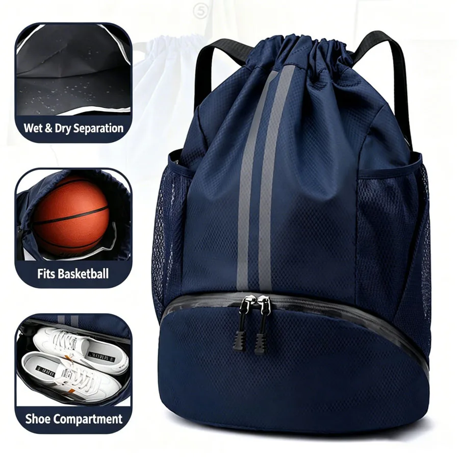 Men's Sports Drawstring Backpack Wet Dry Separation Gym Bag with Shoe Compartment Basketball Football Swimming