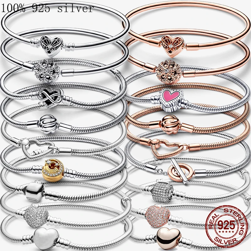 Bracelet 925 Silver Heart Snake Chain For Women Infinite Knot Butterfly Infinity Clasp Femme Bracelet Bangles Luxury Jewelry