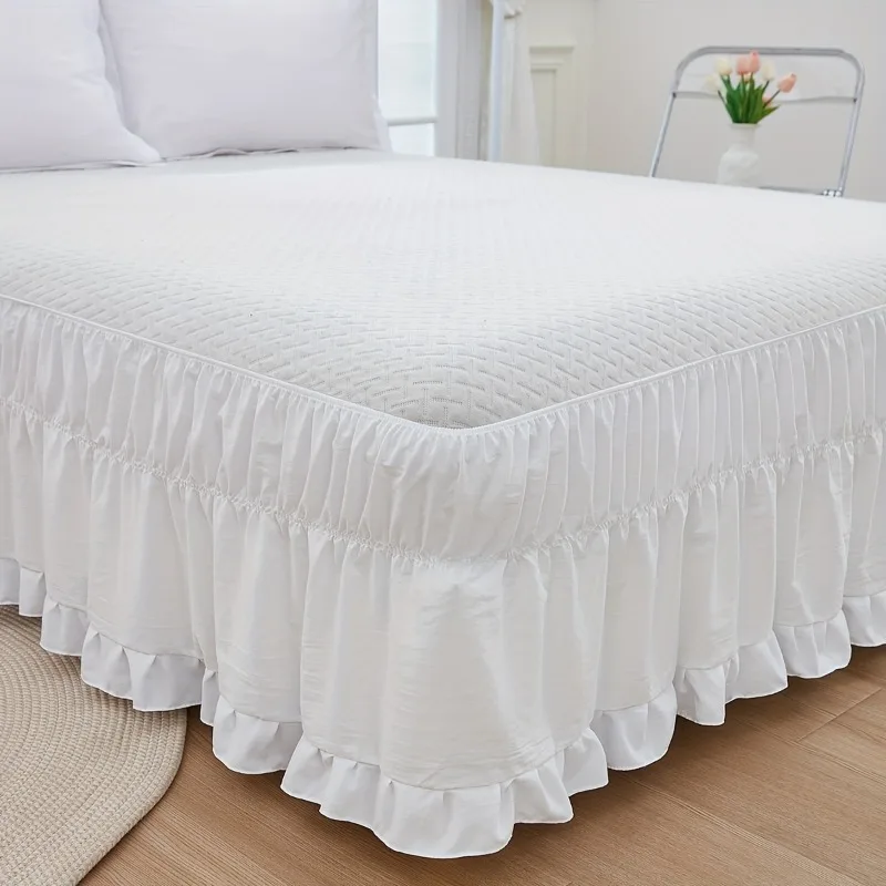 Comfortable White Soft-touch Bed Skirt with Lace Trim, Adjustable, For All Seasons, Synthetic Fiber, Ruffled Edge