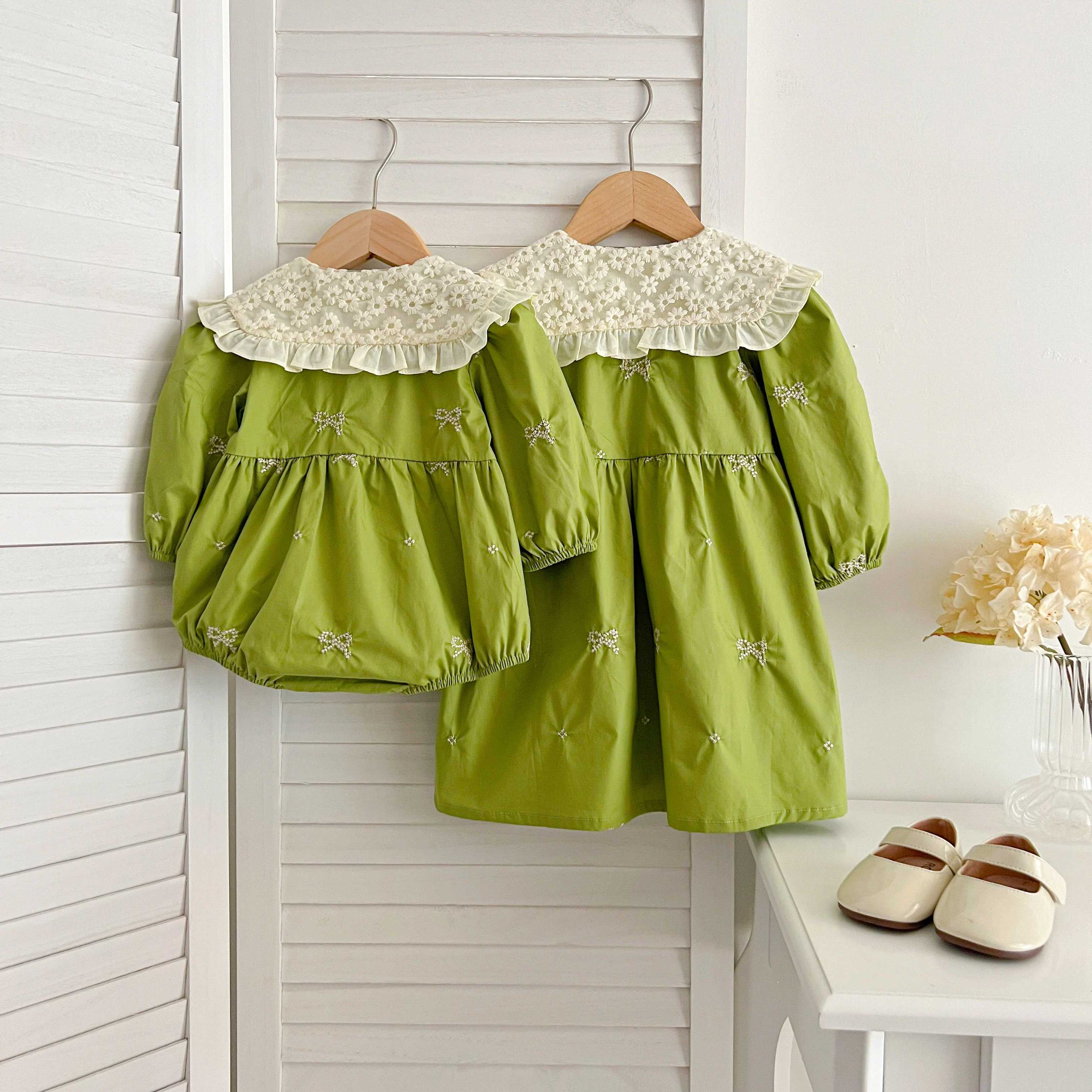 Schwestern Kleidung Säuglings Baby Mädchen Spitze Kragen Kleid Strampler Kinder Baby Mädchen Gestickte Bogen Prinzessin Kleid Familie Kleidung Strampler – Detail 3