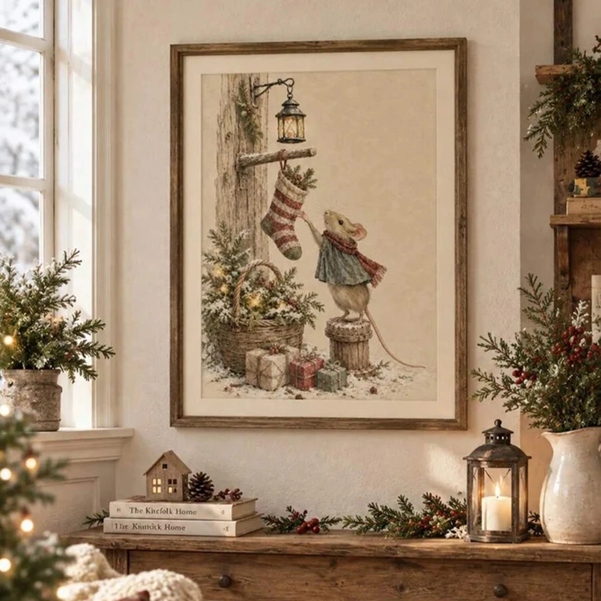 Retro Mouse & Stocking Christmas Wall Art Print Canvas Painting Poster Picture For Living Room,Bedroom Home Decor