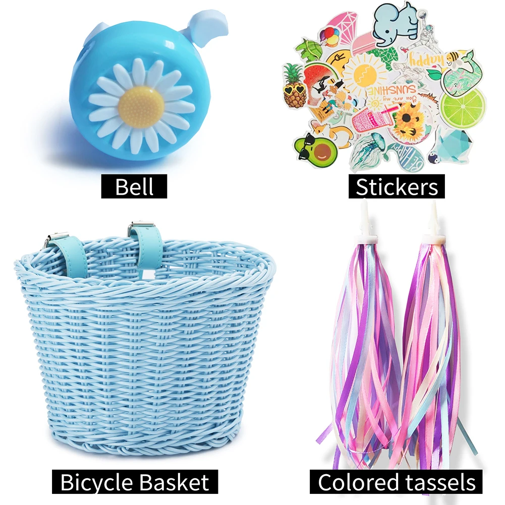 

Kids Bicycle Basket+Bell+Tassel+Stickers Set Kids Front Handlebar Rattan Handwoven Bike Basket Cycling Accessories