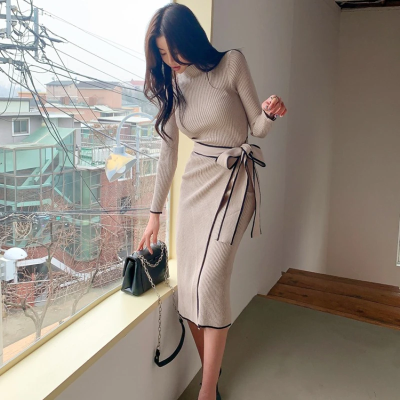 Outono e inverno moda nova feminina elegante estilo coreano fino ajuste vestido quente retro cinta festa vestido de manga comprida
