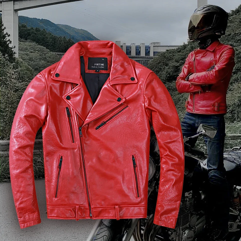 New Spring Tanned Sheepskin Genuine Leather Motorcycle Jacket Men's Soft Red Slim Fit Clothing Oblique Zipper Fashion Male Coat