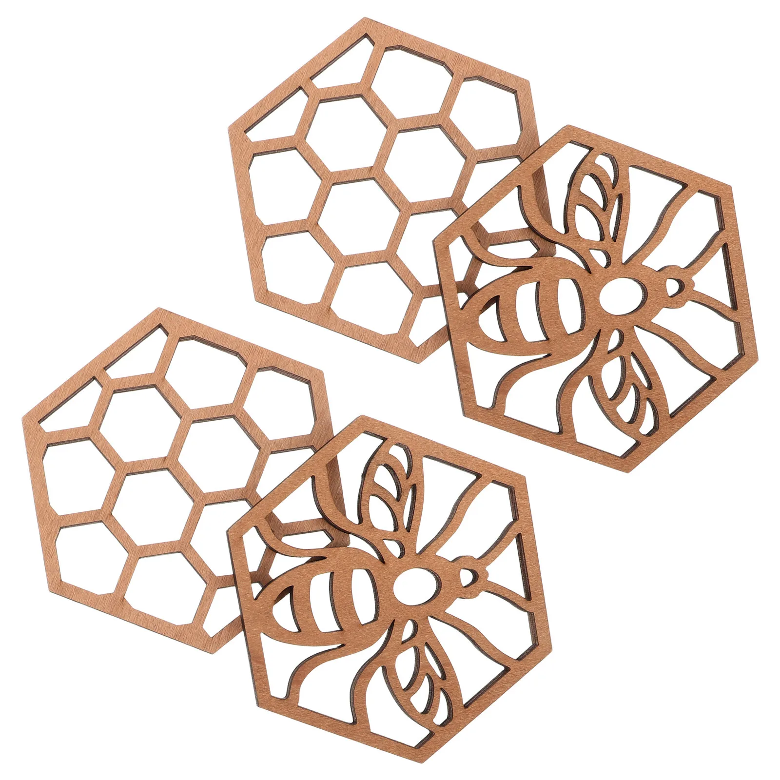 

4Pcs Honeycomb Decorations Wooden Bee Theme Coasters Pendants Creative Home Party Supplies Natural Hexagon Charm for Coffee