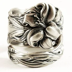 Creative Vintage Lily Flower Winding Ring for Women Spoon Shape Wedding Party Rings Jewelry Gift