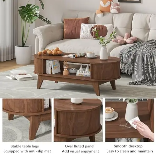 Tavolino ribaltabile con contenitore, tavolo centrale moderno in legno (noce)